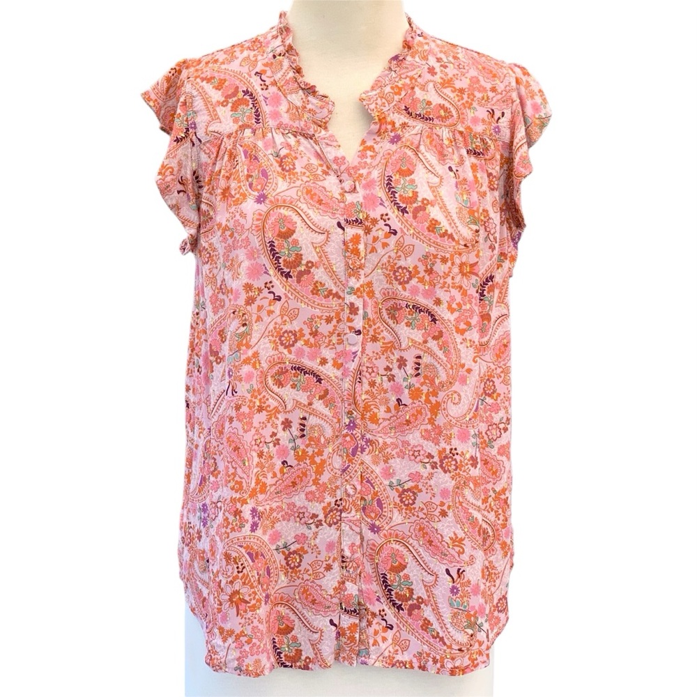 Love Stitch Pink Orange Paisley Floral Flutter Sleeve Boho Top Large